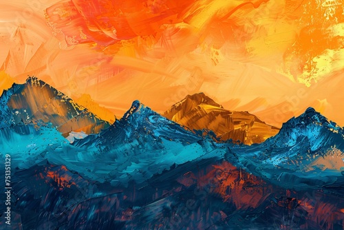 a painting of mountains with orange and blue sky © White