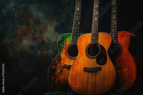 a group of guitars leaning against a wall