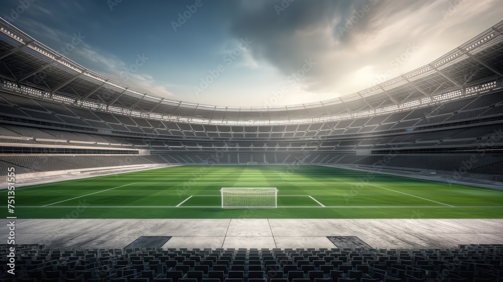 a football stadium with empty seats and a pristine field, evoking the tranquil calm before the action, symbolizing the essence of team spirit and competition in a grand and awe-inspiring setting. a football stadium with empty seats and a pristine field, evoking the tranquil calm before the action, symbolizing the essence of team spirit and competition in a grand and awe-inspiring setting.