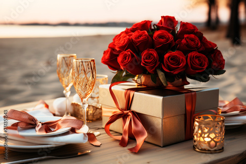 Beautiful table setting with red rose bouquet , on the beach for Saint valetnines day, date, anniversary romantic celebration photo