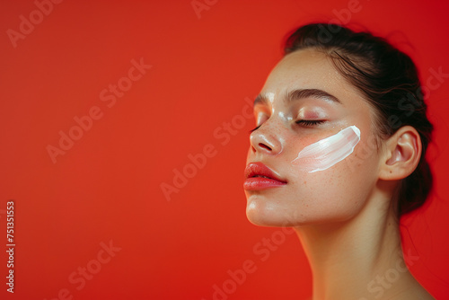 Portrait of young model with hydrating cream smear on her face at vibrant background for advertising design on beauty product, photo