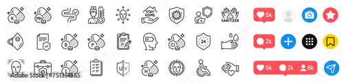 Vaccine report, Vitamin h1 and Volunteer line icons pack. Social media icons. Vitamin k, Coronavirus, Shield web icon. Insurance policy, Digestion, Boron mineral pictogram. Vector