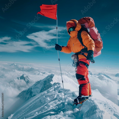 Climber reaching a top 8000er mountain of with red flag photo