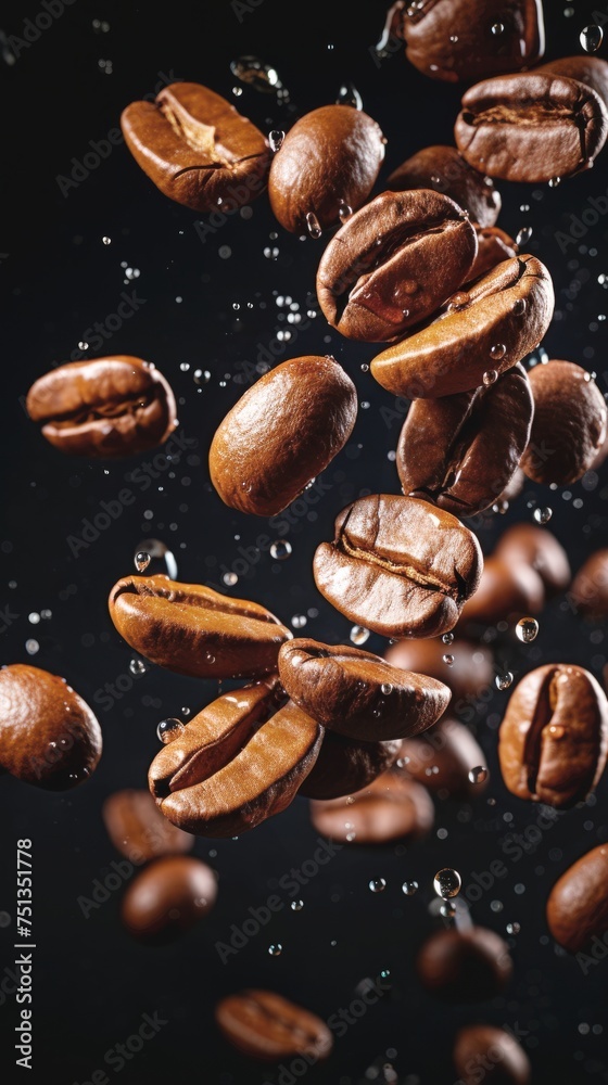 Banner flying coffee beans on a dark background. Design for cafeteria, coffee shops