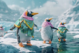 Three penguins with fashion clothes, generative ai