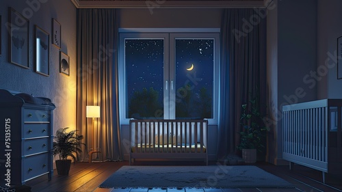 a baby's nighttime bedroom as moonlight streams through the windows, casting gentle shadows across the front of the room, creating a serene and comforting atmosphere.