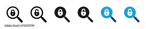 Find lock icon illustration. Simple seek unlock symbol. Isolated graphic illustration loupe secure. Magnifying glass icons in vector design flat style
