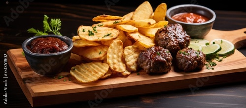 A wooden cutting board is adorned with different types of food, including grilled beef meatballs and potato chips. The variety of foods is neatly arranged, showcasing a mix of flavors and textures.