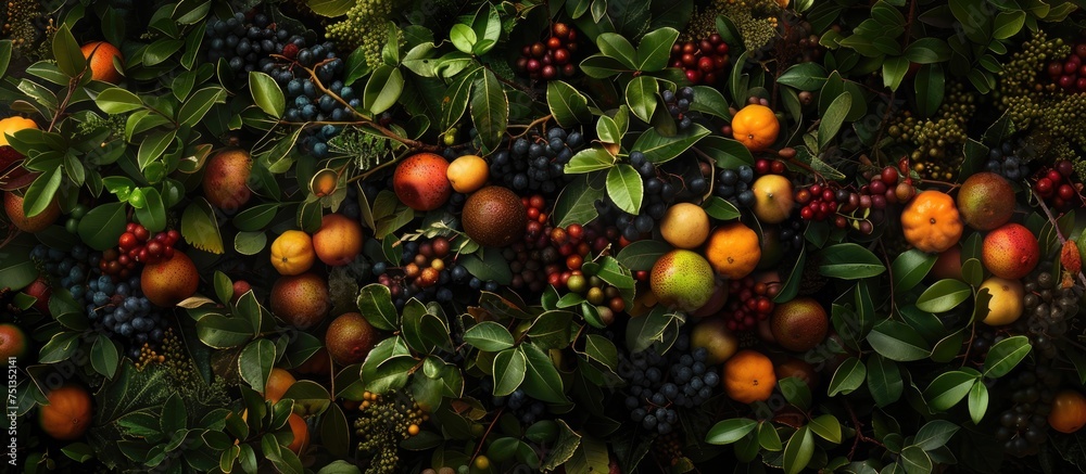 A cluster of various fruits, including apples, oranges, and pears, are seen growing on a tree in a thriving orchard. The tree is lush and full, showcasing the bountiful harvest that is soon to come.