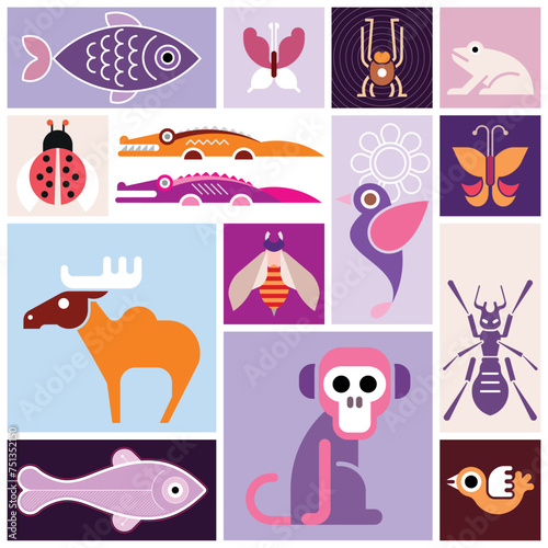 Vector collage of images of various animals, birds and fish.
Each one of the design element created on a separate layer and can be used as a standalone image, icon or logo.
