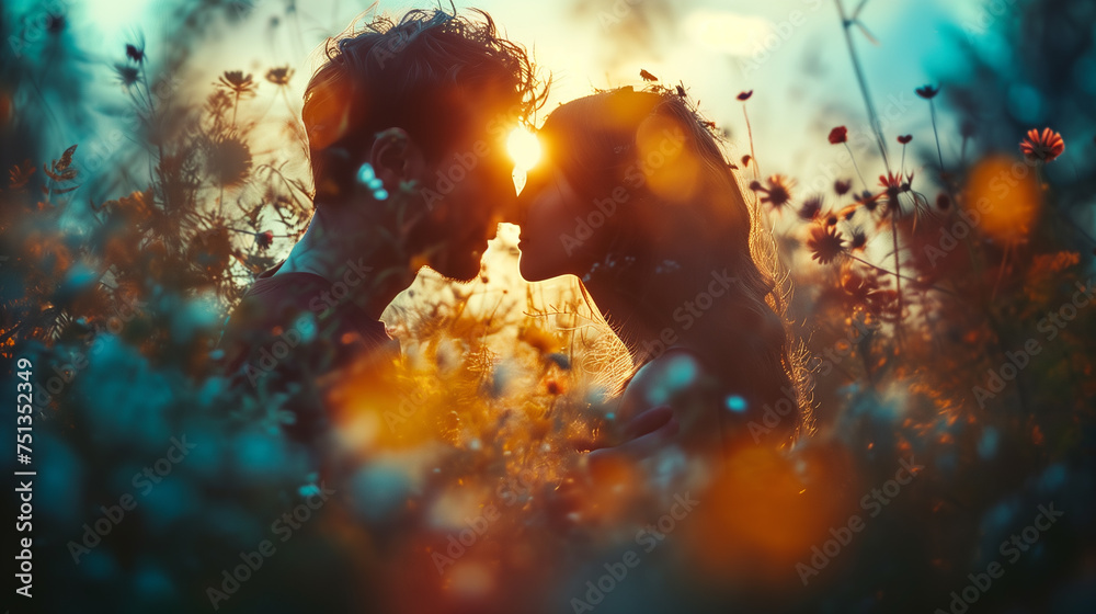 couple of lovers in the meadow at sunset - obrazy, fototapety, plakaty 