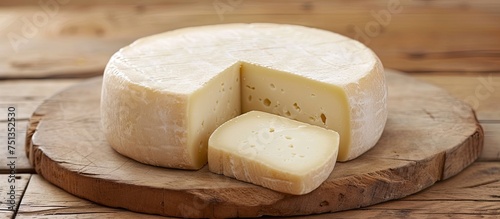 A piece of cheese is placed on top of a wooden cutting board. The cheese appears ready to be sliced or served, adding a delicious touch to the rustic setting.