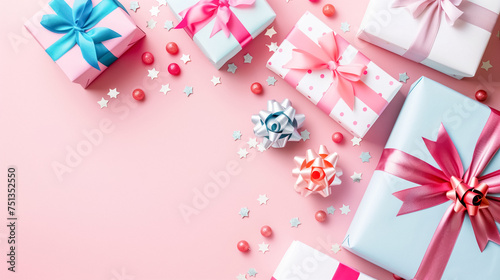 Pink gift boxes adorned with golden and pink ornaments  ribbons  and confetti on a soft pink background. Copy space in the centre. Ideal for celebrations like birthdays or Valentine   s Day.