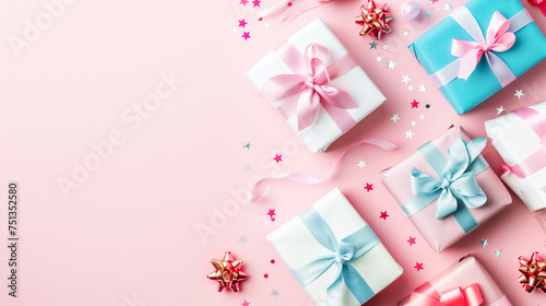 Pink gift boxes adorned with golden and pink ornaments  ribbons  and confetti on a soft pink background. Copy space in the centre. Ideal for celebrations like birthdays or Valentine   s Day.