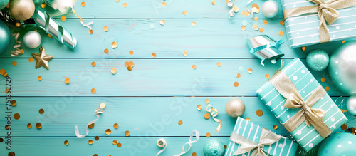 Turquoise and gold-wrapped Christmas gifts, ornaments, and confetti on a wooden background create a festive holiday scene. 