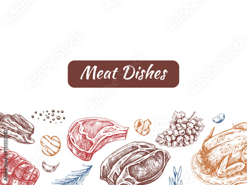 Meat and vegetables menu template in engraved vintage style. Hand-drawn colored, sketches of barbecue meat pieces with herbs and seasonings. Background for meat restaurant.
