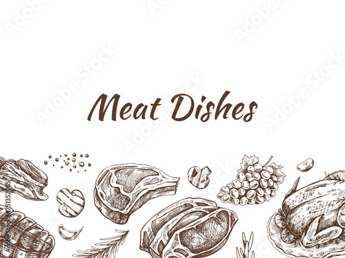 Meat and vegetables menu template in engraved vintage style. Hand-drawn sketches of barbecue meat pieces with herbs and seasonings. Background for meat restaurant.
