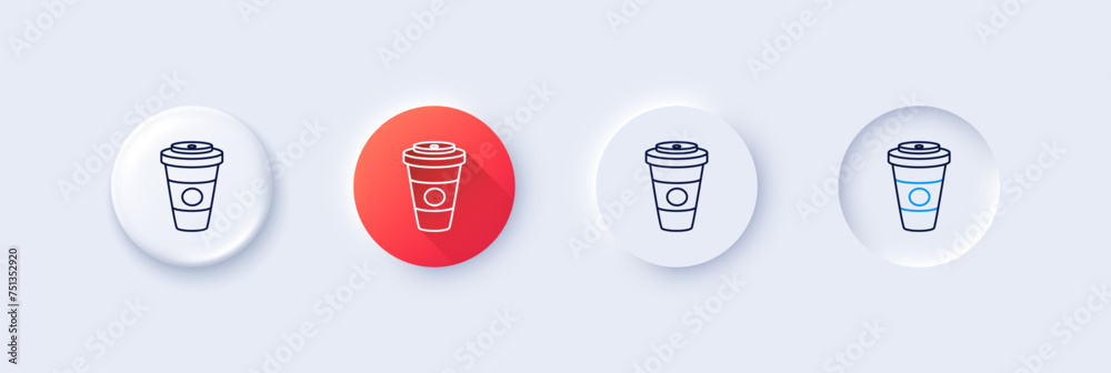 Takeaway Coffee or Tea line icon. Neumorphic, Red gradient, 3d pin buttons. Hot drink sign. Beverage symbol. Line icons. Neumorphic buttons with outline signs. Vector
