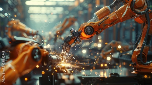 Industrial Robotics and Welding Sparks, Dynamic scene of robotic arms engaged in welding within an industrial environment, showcasing advanced manufacturing technology in action