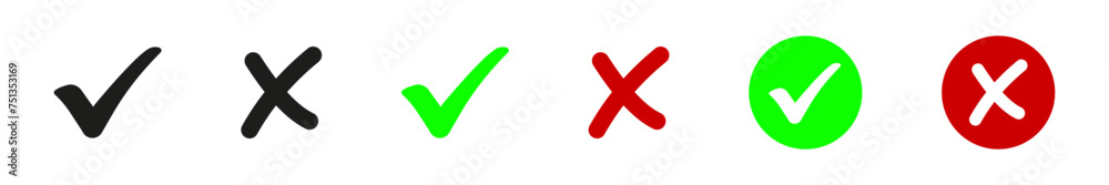 Red cross and green checkmark icon. Symbol check mark vector icons. Correct choice isolated voting symbol. Collection of tick element. Yes No. X. Red cross and green checkmark icon. Symbol check mark vector icons. Correct choice isolated voting symbol. Collection of tick element. Yes No. X.