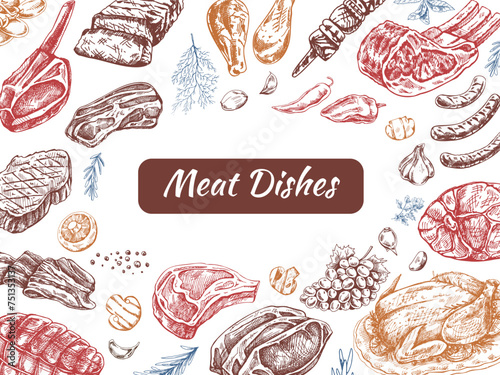 Meat and vegetables menu template in engraved vintage style. Hand-drawn colored, sketches of barbecue meat pieces with herbs and seasonings. Background for meat restaurant.
