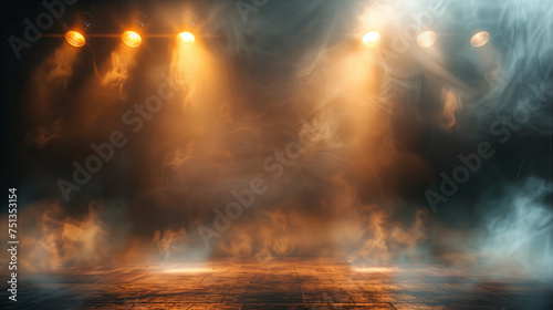 Empty stage with spotlights and smoke banner background, Gradient stage spotlights ambient light effect at live show empty background, Empty stage with spotlights and smoke banner background, Ai 