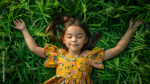 little girl lying on green grass, arms splayed, relaxed - AI Generated