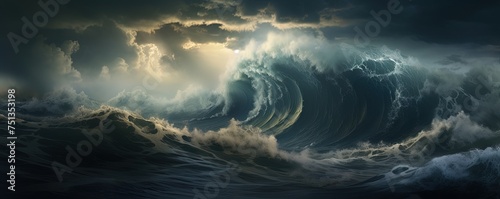Giant tsunami waves, dark stormy sky. Perfect Storm. Huge waves Tsunami Big waves photo