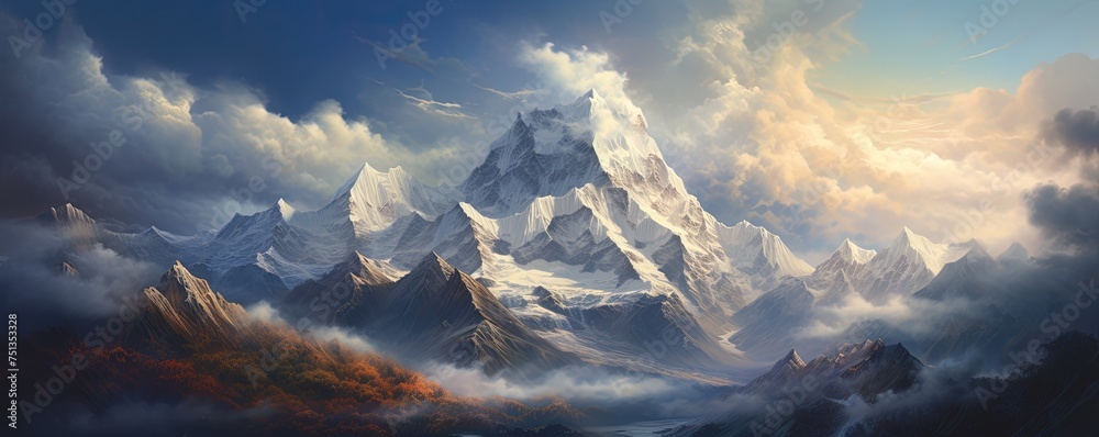 Nature's ethereal canvas, a mountain summit veiled in clouds, offering a panoramic view of the wild and untamed landscape adorned with a blanket of snow - obrazy, fototapety, plakaty 