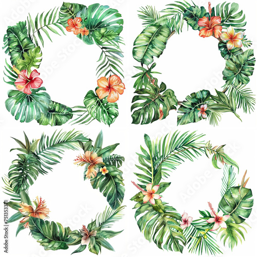 Watercolor frame made of unusual colorful tropical leaves. Jungle concept for design of invitations, greeting cards and wallpapers.