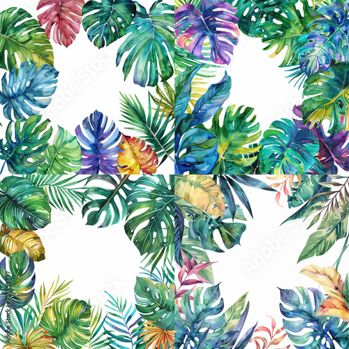 Watercolor frame made of unusual colorful tropical leaves. Jungle concept for design of invitations  greeting cards and wallpapers.
