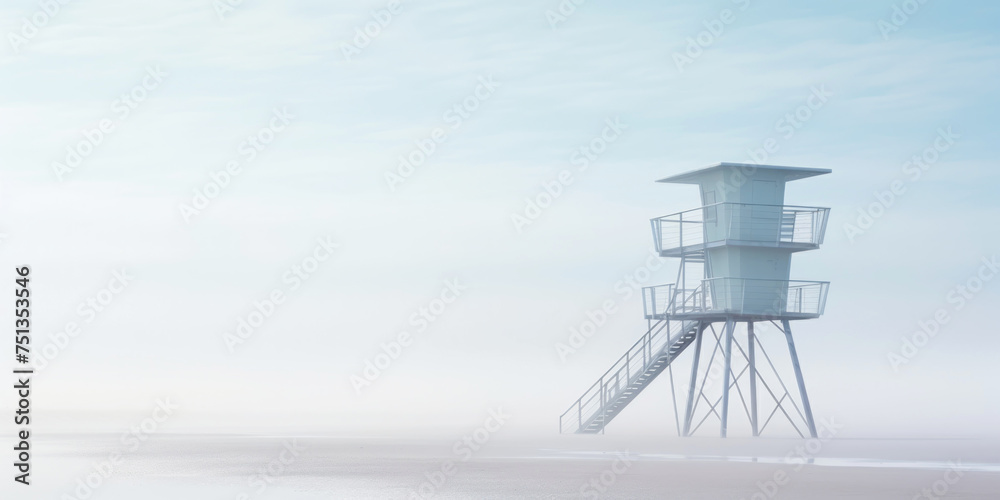 Lifeguard Tower in a white mist on a beach of seaside. Lonely landscape with watchtower. Generative AI