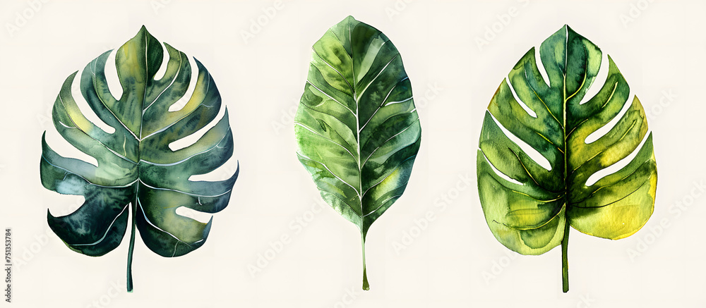 Fototapeta premium A watercolor vector illustration set featuring tropical leaves, exotic plants, palm leaves, and monstera isolated on a white background.
