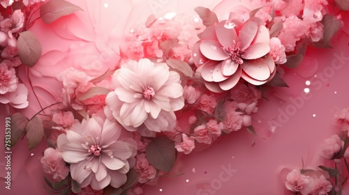 pink background or texture with spring flowers. frame, place for text. template, greeting card for Mother's Day, March 8