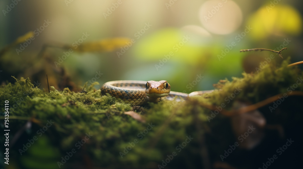 Close up of beautiful wild snake in forest with moss and leaves. Macro photography view with blured background. Ecological balance .