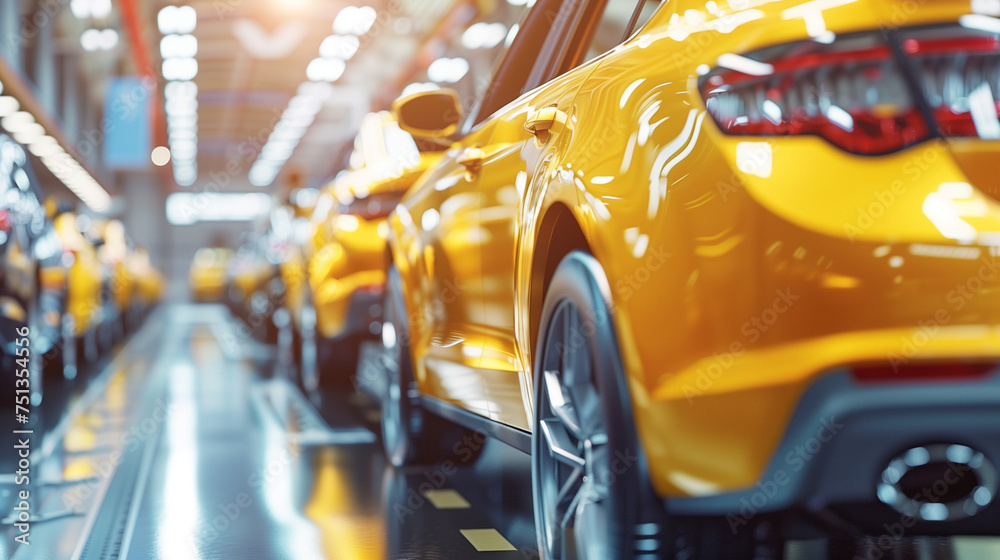 Yellow taxi in the city, Luxury sport cars on display in showroom, Part of front end of a yellow sport car, headlights and part of wheel showing, Mass production assembly line of modern cars, Ai