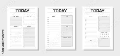 Three vector simple black and white daily planners in one modern style. Minimalist design of organizer schedule pages with to do list for today for effective planning photo