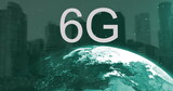 Image of 6g text over globe and cityscape on green background