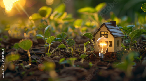 Bulb in the grass, Light bulb in the forest, Small house model and light bulb on the ground for, Ai generated image