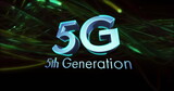Digital image of 5g text against green waves on black background