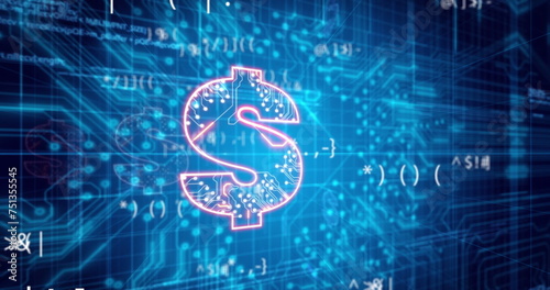 Image of math symbols and dollar over blue background with integrated circuit