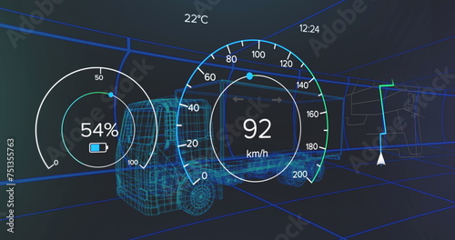 Image of interface with charging battery icon and speedometer over truck