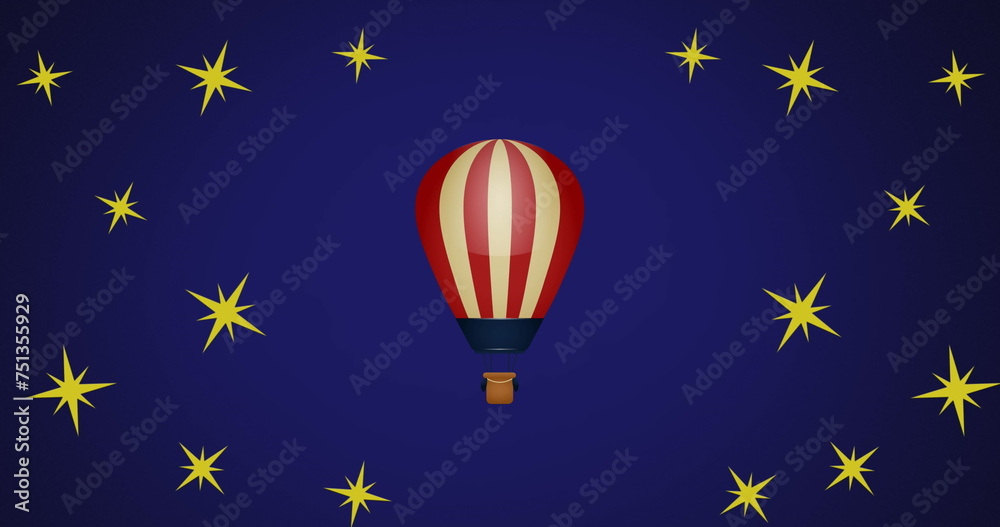 Obraz premium Image of hot air balloon over stars on blue background