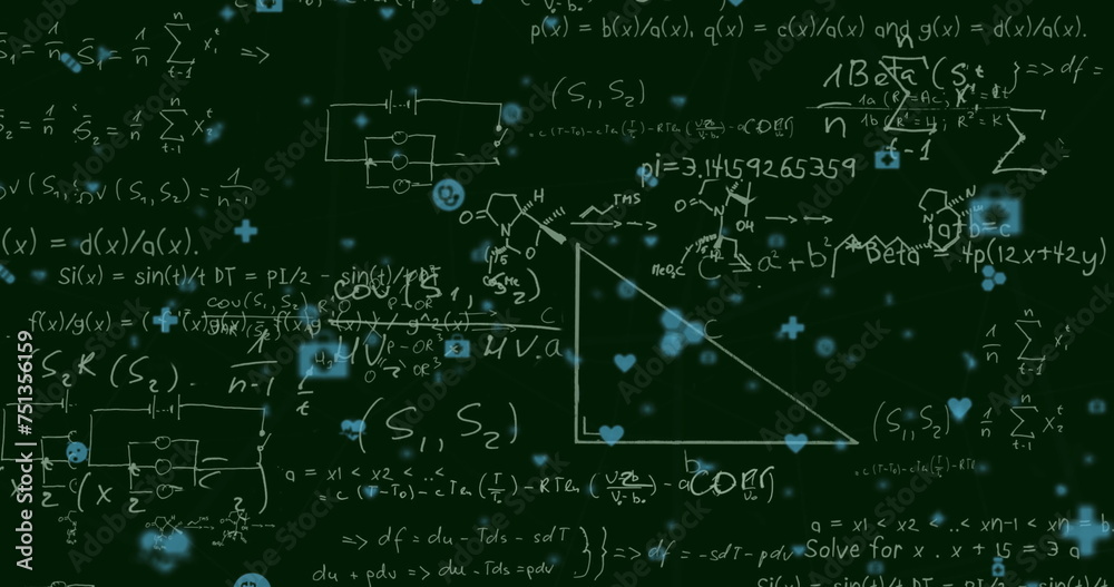 Image of icons over mathematical equations on black background Image of icons over mathematical equations on black background
