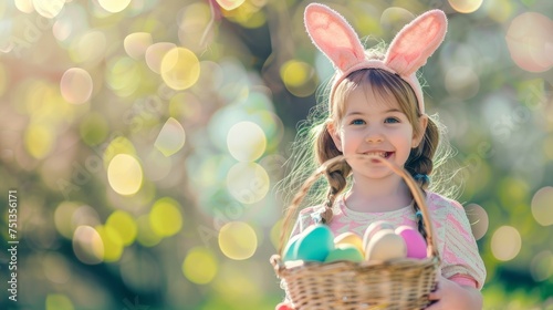 Festive Easter happy little girl smiling holding a basket with Easter eggs on a background of green meadow grass