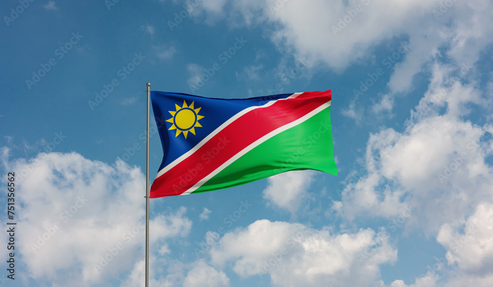 Flag Namibia against cloudy sky. Country, nation, union, banner, government, Namibian culture, politics. 3D illustration Flag Namibia against cloudy sky. Country, nation, union, banner, government, Namibian culture, politics. 3D illustration