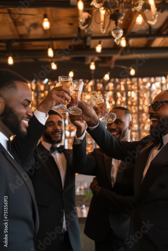 Professional Photography of The Groomsmen Raising a Toast to The Groom, Generative AI