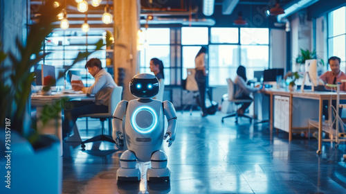Robot works in an office among people. IT team of the future. The concept of artificial intelligence and people working in the future photo