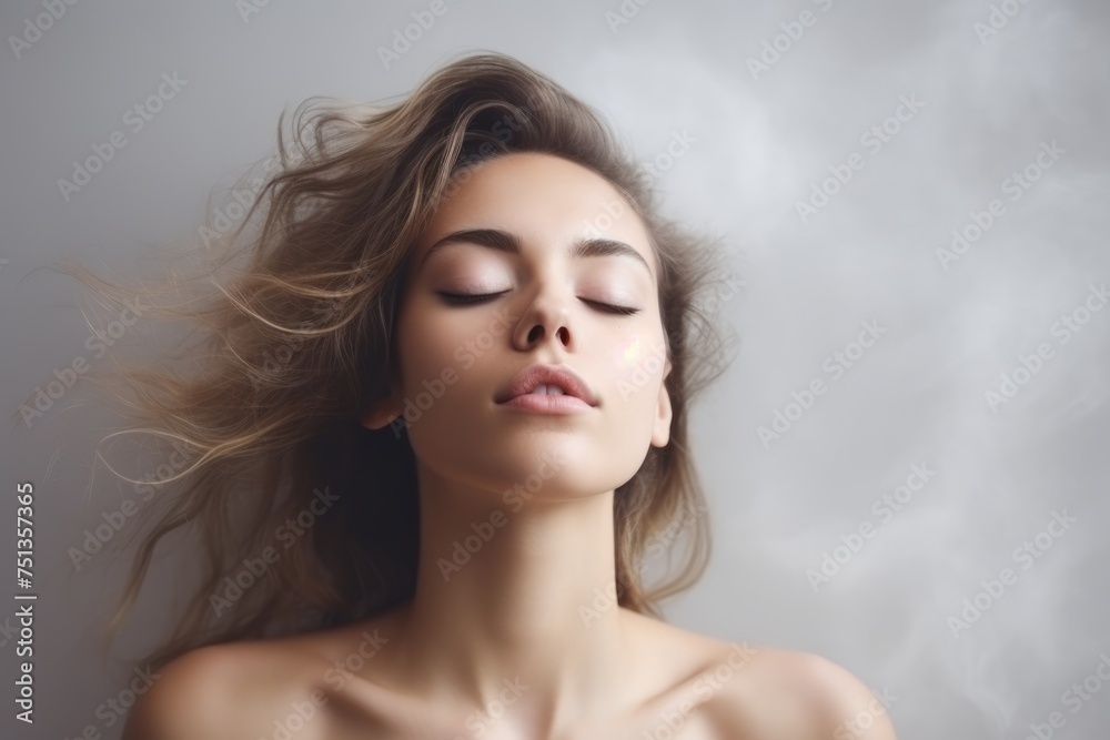 Lovely romantic girl with loose hair and closed eyes in fog copy space, Valentine's day and love Lovely romantic girl with loose hair and closed eyes in fog copy space, Valentine's day and love
