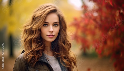 A beautiful young woman with long hair and wearing casual clothing is standing in front of a tall tree. The woman is looking directly at the camera, with a serene expression on her face